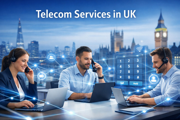 Professional UK telecom services banner showing business team using headsets and laptops with digital VoIP interface and London skyline background.
